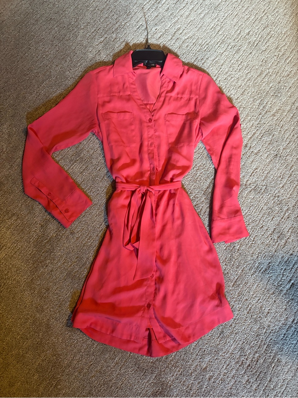 Express Portofino Tie-Waist Shirt Dress in Bright Coral Pink